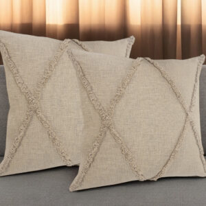 Set of Two Taupe and Brown Diamond Cotton Throw Pillow With Fringes
