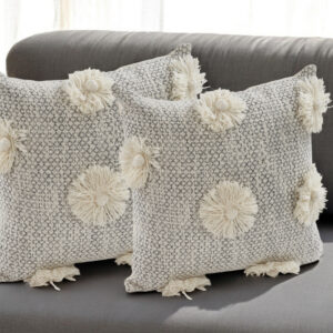 Set of Two Gray and Ivory Floral Cotton Throw Pillows With Fringe
