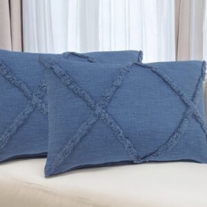 Set of Two 16" X 24" Blue Diamond Cotton Lumbar Throw Pillow With Fringe