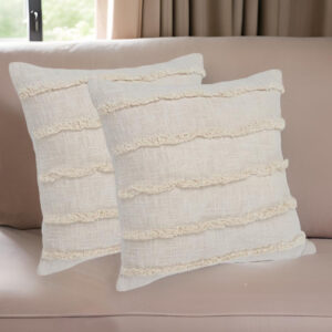 Set of Two Beige Ribbed Cotton Throw Pillow With Fringe