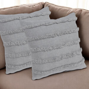 Set of Two Gray Ribbed Cotton Throw Pillow With Fringe