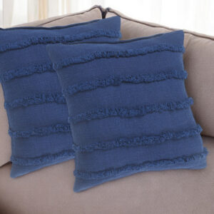 Set of Two Blue Ribbed Cotton Throw Pillow With Fringe