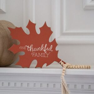 One Thankful Family Orange Wooden Leaf Sitter w/Beads