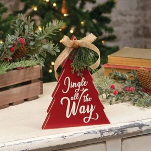 Jingle All the Way Red Wooden Christmas Tree w/Burlap Bow