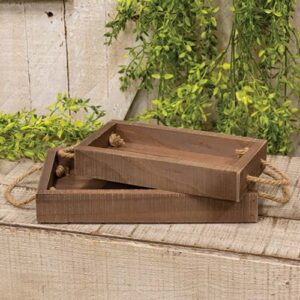 2/Set - Stained Wood Rectangle Trays w/Jute Handles