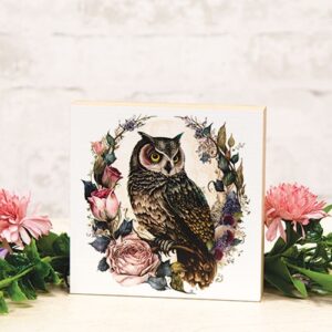 Moonlit Owl In Floral Wreath Square Block