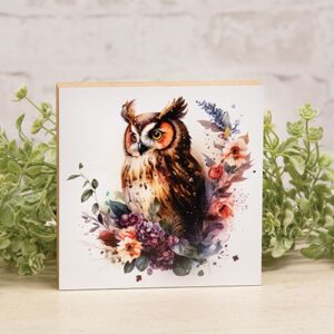 Perched Owl In Crescent Wreath Square Block