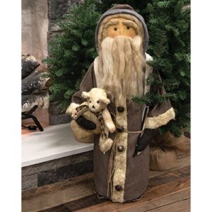 Stuffed Gray Coat Father Christmas w/Teddy Bear - 27"H
