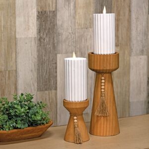 Natural Wooden Beaded Pillar Holder, 11.5"H