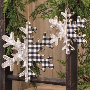 Black/White Plaid  & Birch Snowflake Ornament, 9.75"