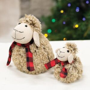 Plush Furry Sheep w/Red & Black Plaid Scarf, Small