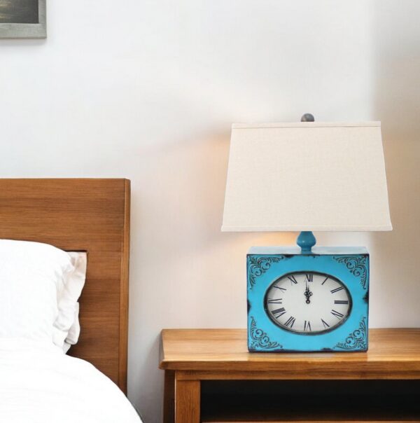 22" Distressed Blue Metal Bedside Lamp With Beige Shade