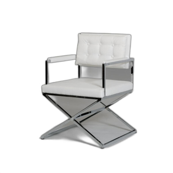 Tufted White And Silver Upholstered Faux Leather Dining Arm Chair