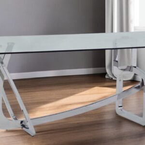 79" Clear And Silver Glass And Stainless Steel Trestle Base Dining Table