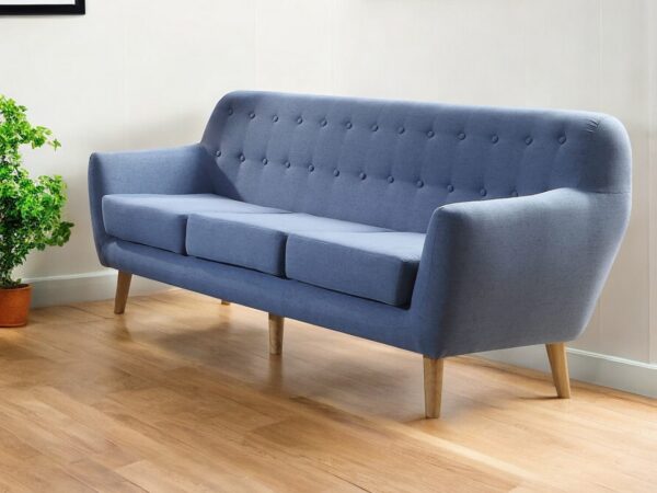 78" Blue Linen Sofa With Brown Legs