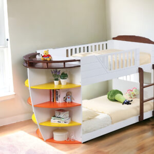 Brown and White Twin Transitional Bunk Bed with Shelves