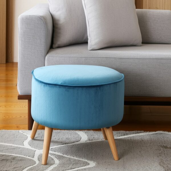 22" Teal Blue Velvet And Brown Ottoman