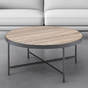32" Brown and Black Wood And Iron Round Coffee Table