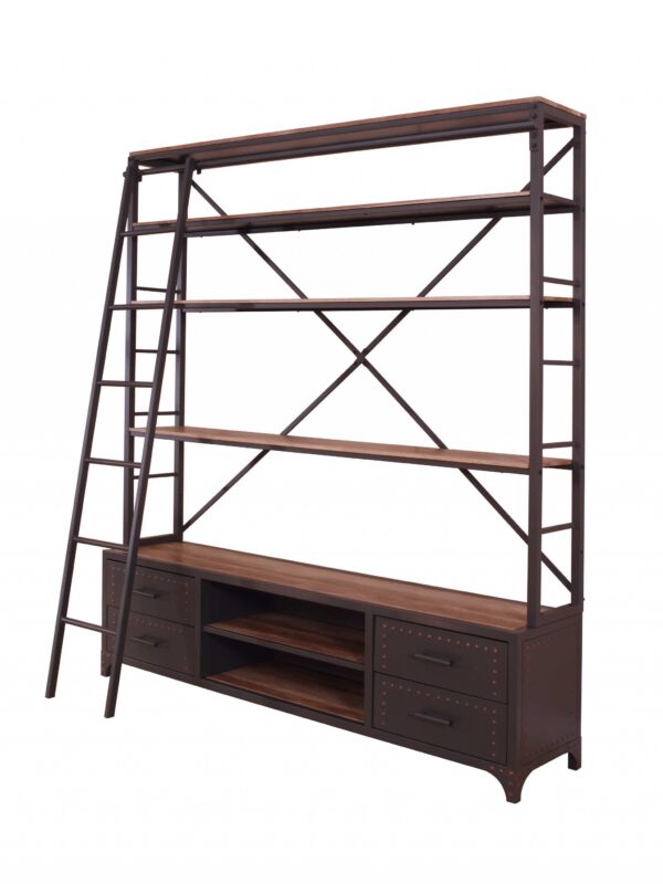 83" Sandy Gray Metal and Wood Four Tier Oversized Set Bookcase with Four Drawers