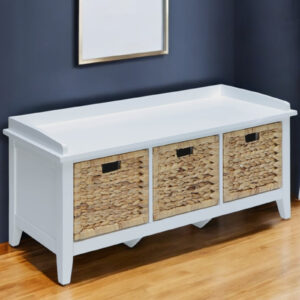 43" White Distressed Solid Wood Storage Bench with Baskets