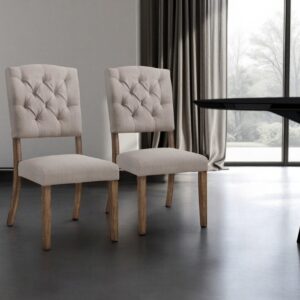 Set of Two Tufted Cream and Brown Upholstered Linen Open Back Dining Side Chairs
