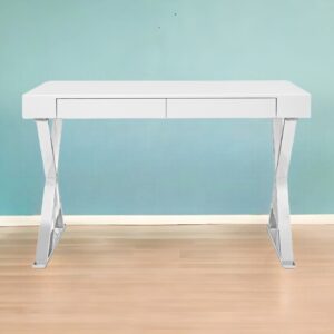 47" White and Silver Writing Desk With Two Drawers