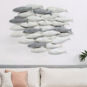 37" Gray And Antiqued White Metal School Of Fish Hanging Dimensional Sculpture