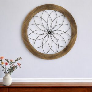26" Light Brown Wood And Metal Circle Flower Hanging Dimensional Sculpture