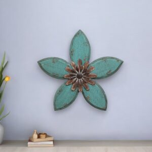 Distressed Teal And Red Antique Flower Metalwall Decor
