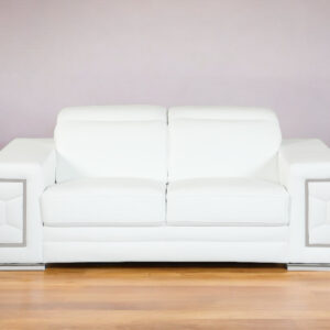 71" White Italian Leather Sofa With Silver Legs
