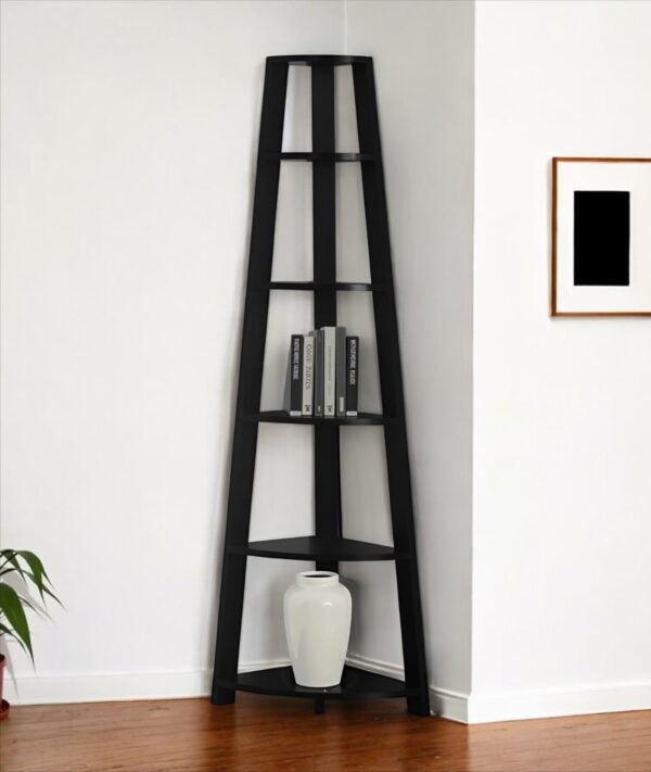 71" Black Wood Five Tier Corner Bookcase