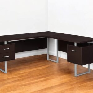 71" Brown and Silver L Shape Computer Desk With Three Drawers