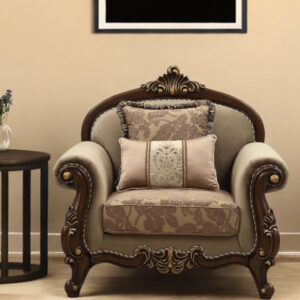 38" Beige and Brown Velvet Floral Arm Chair And Toss Pillows