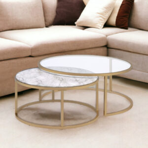 Set of Two Clear White and Gold Glass And Faux Marble And Iron Round Frame Nested Coffee Tables