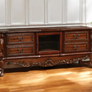 79" Brown Carved Scrollwork Wood And Glass Entertainment Center