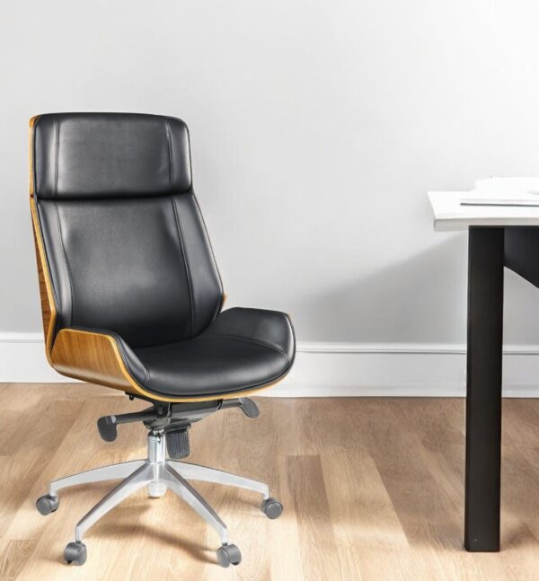 26" X 23" X 49" Black Bonded Leather And Bentwood Frame Executive Office Chair With Solid Chrome Base And Caster Wheels