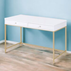 47" White and Gold Computer Desk With Two Drawers