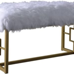 18" White and Gold Faux Fur And Metal Bench