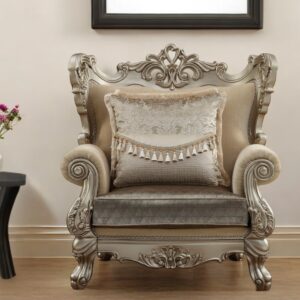 47" Beige Green and Champagne Fabric Geometric Arm Chair And Toss Pillow