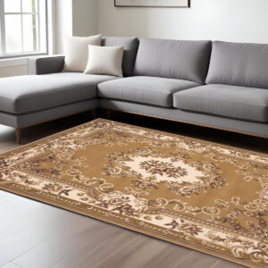 8' X 11' Beige And Ivory Floral Medallion Area Rug
