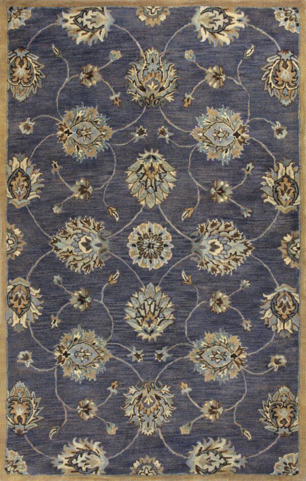 8' X 11' Blue And Black New Zealand Lambs Wool Floral Hand Tufted Area Rug