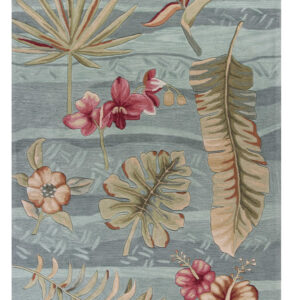 8' X 11' Gray Green And Red Tropical Botanical Hand Tufted Area Rug