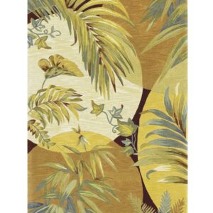 8' X 10' Coral Green And Yellow Wool Botanical Leaves Hand Tufted Area Rug