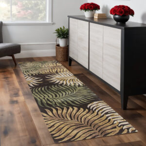 8' Espresso Brown Hand Tufted Tropical Leaves Indoor Runner Rug
