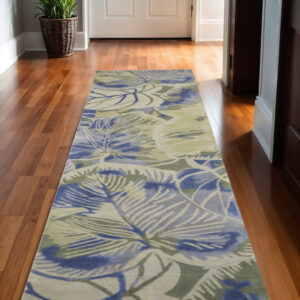 10' Blue And Green Wool Botanical Leaves Hand Tufted Runner Rug