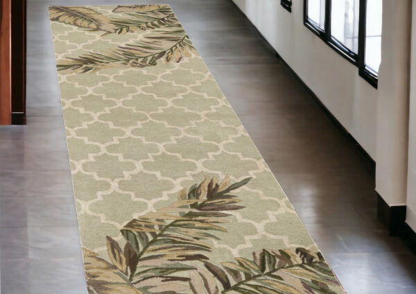 2' X 10' Sage Tropical Leaves Mosaic Wool Indoor Runner Rug - Image 2
