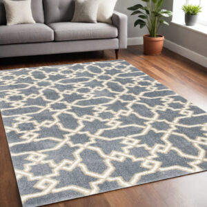 5' X 8' Slate Blue And Ivory Geometric Area Rug