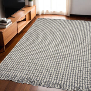 5' X 8' Ivory And Gray Wool Houndstooth Hand Woven Area Rug With Fringe