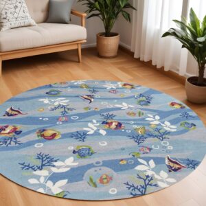 8' Blue Green And Red Fish and Coral Hand Hooked Round Rug