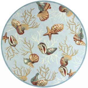 7' Blue Beige And Red Fish and Coral Hand Hooked Round Rug